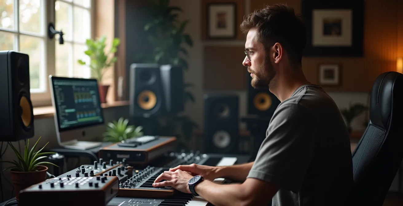 Producteur musical travaillant sur des beats dans son home studio moderne