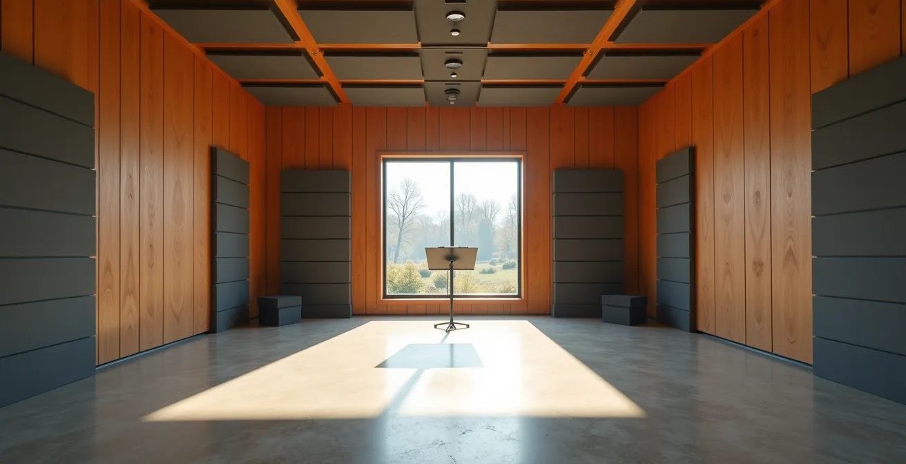 Vue environnementale minimaliste d'un studio d'enregistrement avec panneaux acoustiques géométriques
