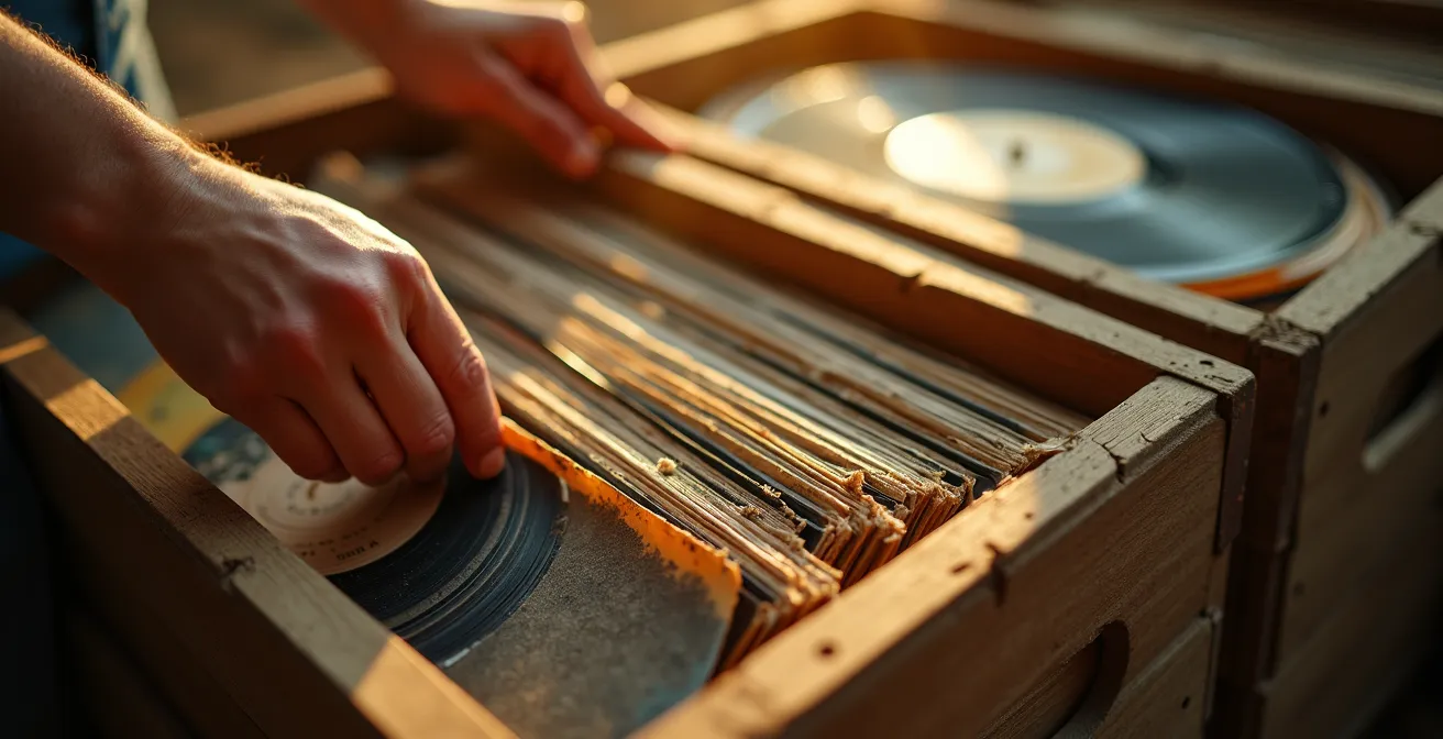 Mains explorant des vinyles dans des caisses de disques vintage