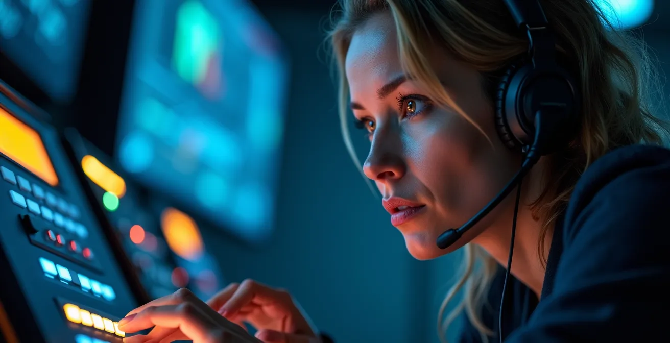 Régisseur en situation d'urgence prenant une décision critique pendant un spectacle