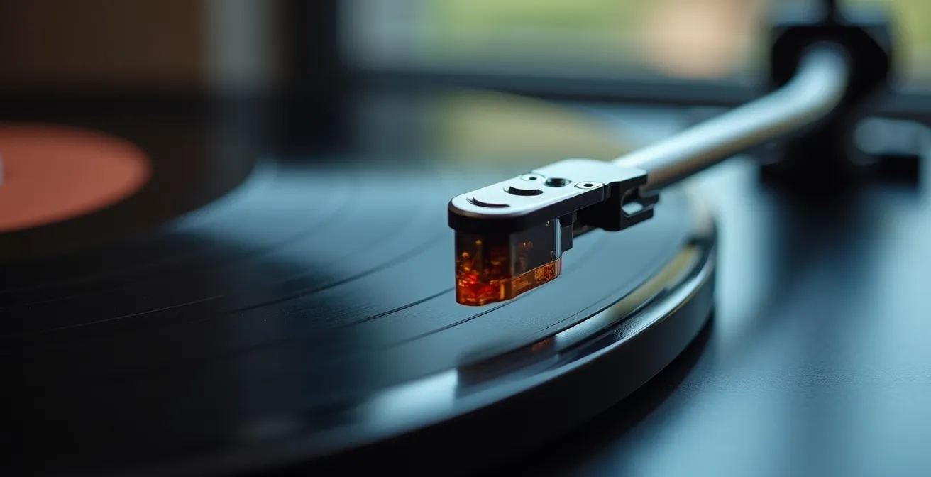 Vue macro détaillée d'une cellule de lecture Ortofon montée sur un bras de platine avec contrepoids ajustable
