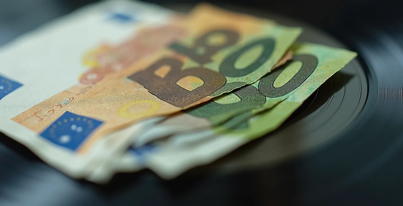 Vue macro de contrats et billets symbolisant les revenus de synchronisation musicale