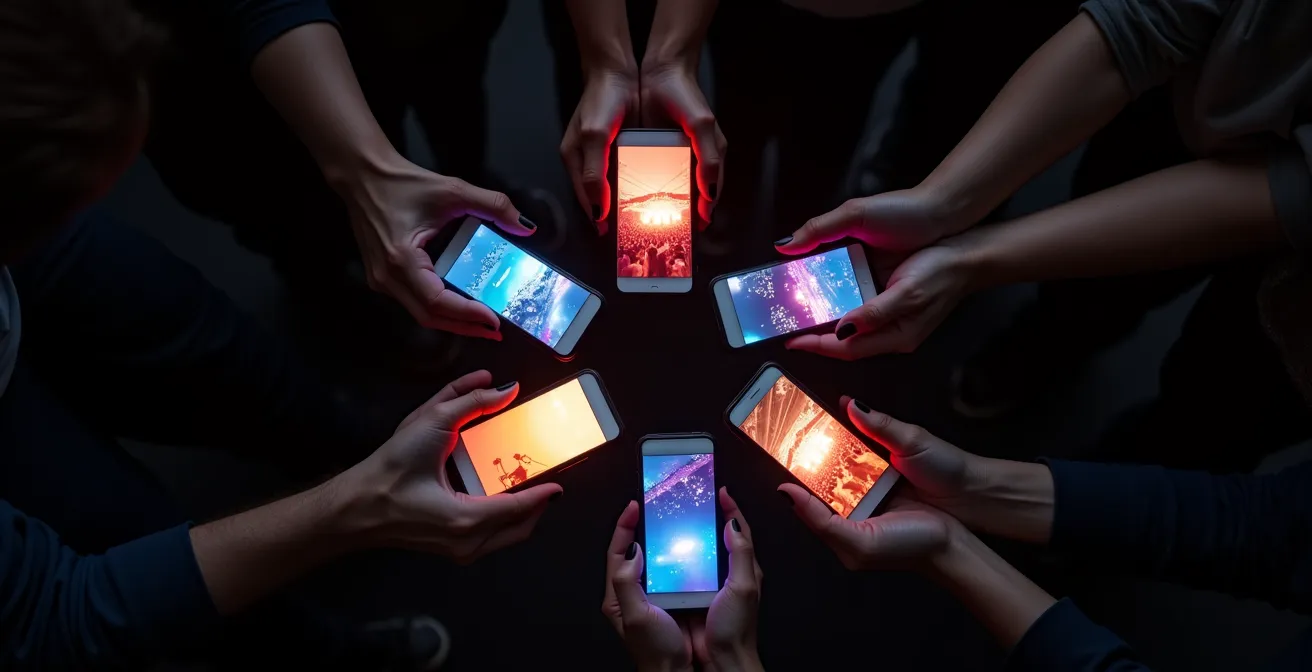 Composition abstraite montrant des mains tenant des smartphones formant un cercle lumineux, symbolisant la connexion communautaire digitale