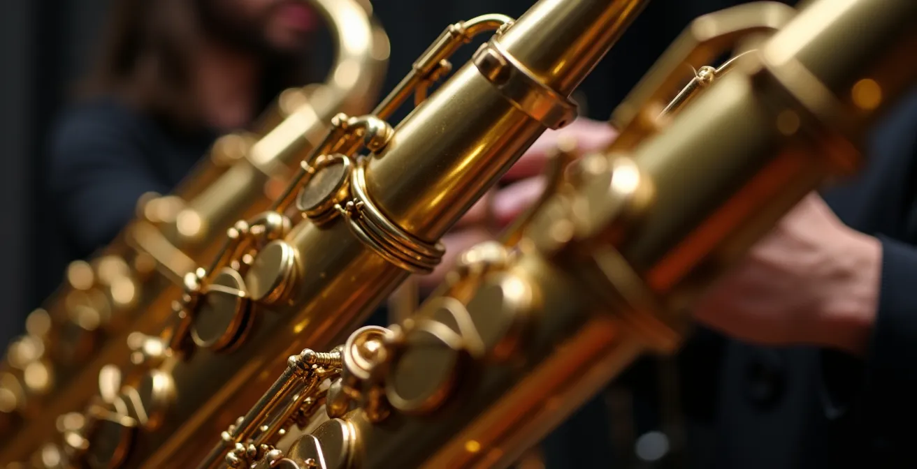 Gros plan sur les pavillons de cuivres pendant un kick rythmique