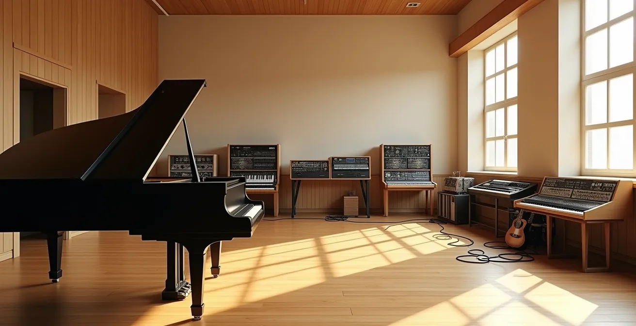 Vue large d'un studio de musique hybride avec piano à queue et synthétiseurs modulaires dans un espace minimaliste
