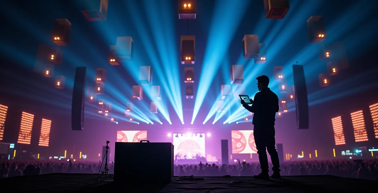 Système de diffusion line array moderne en configuration festival avec ingénieur système