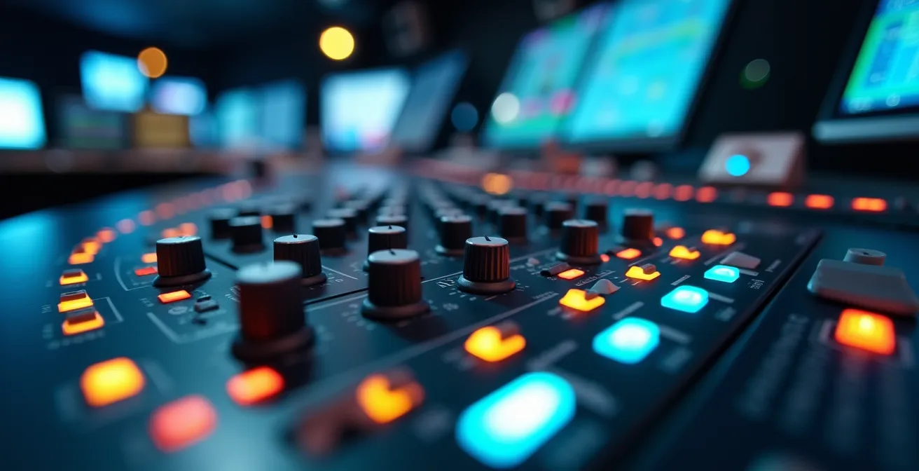 Poste de régie technique avec multiples écrans de contrôle et système d'interphonie professionnel