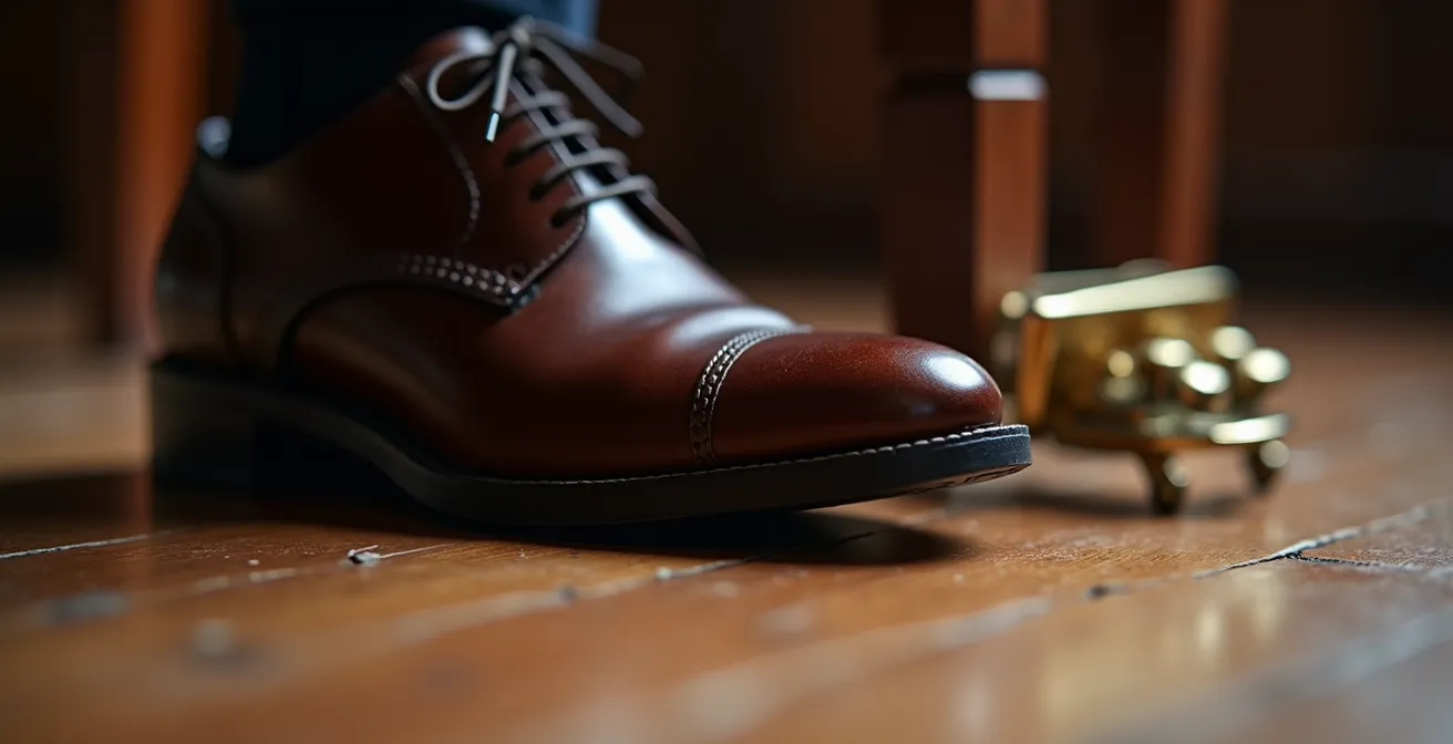 Gros plan sur un pied de pianiste utilisant la pédale de sustain avec la technique correcte