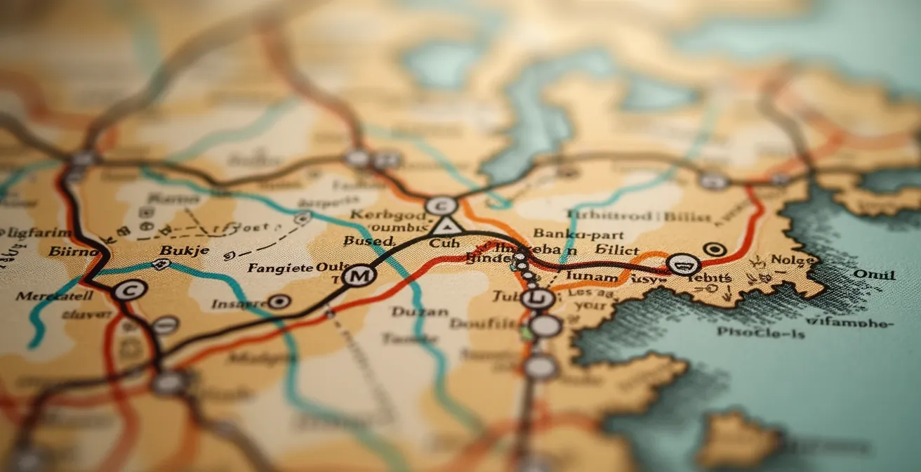 Carte de France avec des points reliés montrant un circuit de tournée optimisé avec des symboles écologiques