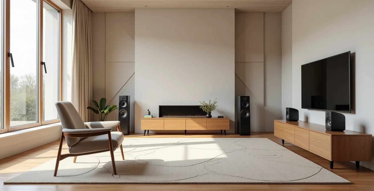 Vue aérienne d'un salon montrant le placement optimal des enceintes en triangle équilatéral avec traitement acoustique minimal