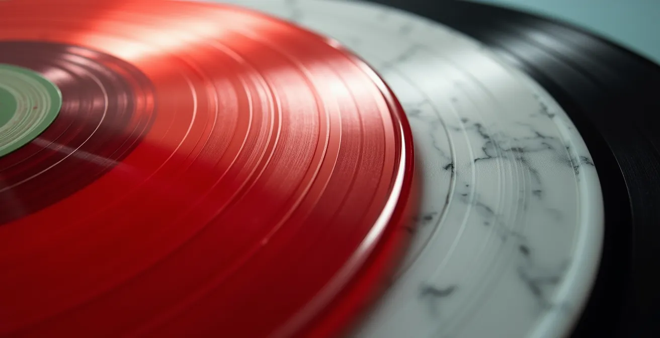 Gros plan sur des vinyles colorés en édition limitée, mettant en valeur la texture et l'aspect d'objet de collection.
