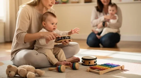 Une mère fait découvrir un petit tambourin à son bébé assis sur ses genoux lors d'un atelier d'éveil musical.