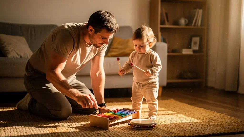 Un père et son enfant jouent ensemble d'un petit xylophone en bois sur le tapis du salon.
